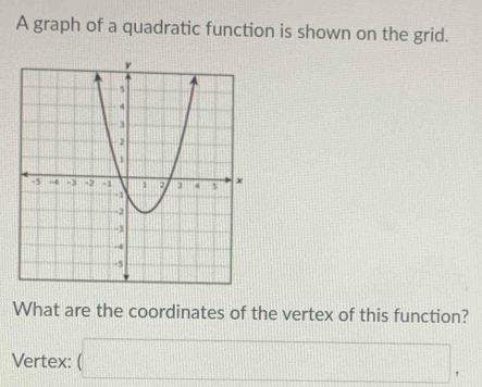 A graph of a quadratic function is shown on the grid. 
What are the coordinates of the vertex of this function? 
Vertex: (□ ,