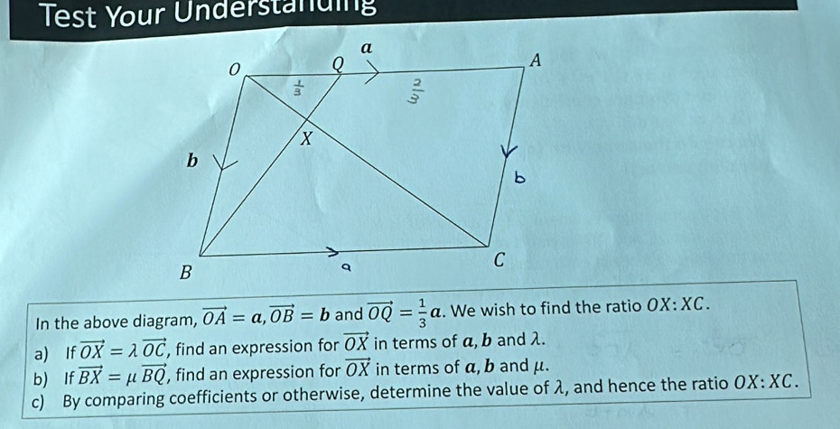 Test Your Understanding
In the above diagram, vector OA=a,vector OB=b and vector OQ= 1/3 a. We wish to find the ratio OX:XC.
a) If vector OX=lambda vector OC , find an expression for vector OX in terms of a, b and λ.
b) If vector BX=mu vector BQ , find an expression for vector OX in terms of α, b and μ.
c) By comparing coefficients or otherwise, determine the value of λ, and hence the ratio OX:XC.