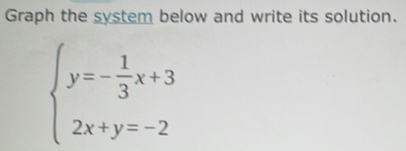 Graph the system below and write its solution.
beginarrayl y=- 1/3 x+3 2x+y=-2endarray.