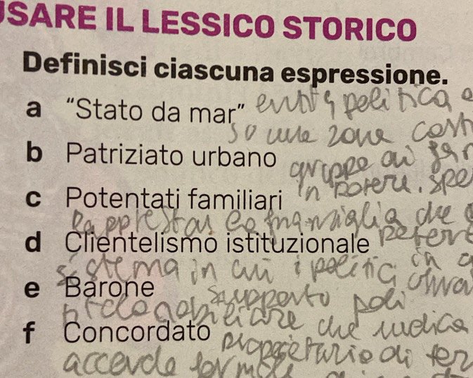 JSARE IL LESSICO STORICO
Definisci ciascuna espressione.
a “Stato da mar”
b Patriziato urbano
c Potentati familiari
d Clientelismo istituzionale
e Barone
f Concordato