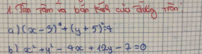 Jián jám ng bgn kāngg quu adǎdg frān
a) (x-3)^2+(y+5)^2=4
by x^2+y^2-4x+12y-7=0