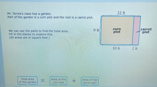 Mr. Torres's class has a garden. 
Part of the garden is a corn plot and the rest is a carrot plot. 
We can use the parts to find the total area. 
Fill in the blanks to explore this. 
(All areas are in square feet.) 
Total area 
of the garden = Area of the + Area of the carrot plot 
cor piot