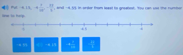 Put −4.15, -4 7/10 , - 22/5  , and -4.55 in order from least to greatest. You can use the number
line to help.
-4.55 -4.15 -4 7/10  - 22/5 