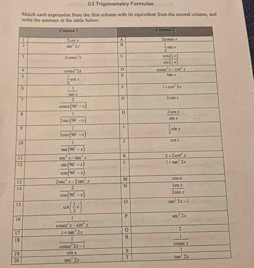 C3 Trigonometry Formulae
Match each expression from the first column with its equivalent from the second column, and
20
sec^22x
T
tan^22x