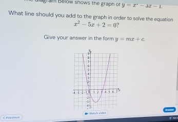 gram Below snows the graph of y=x^--3x-1. 
What line should you add to the graph in order to solve the equation
x^2-5x+2=0 ?
Give your answer in the form y=mx+c
《Previous == Watch vid==