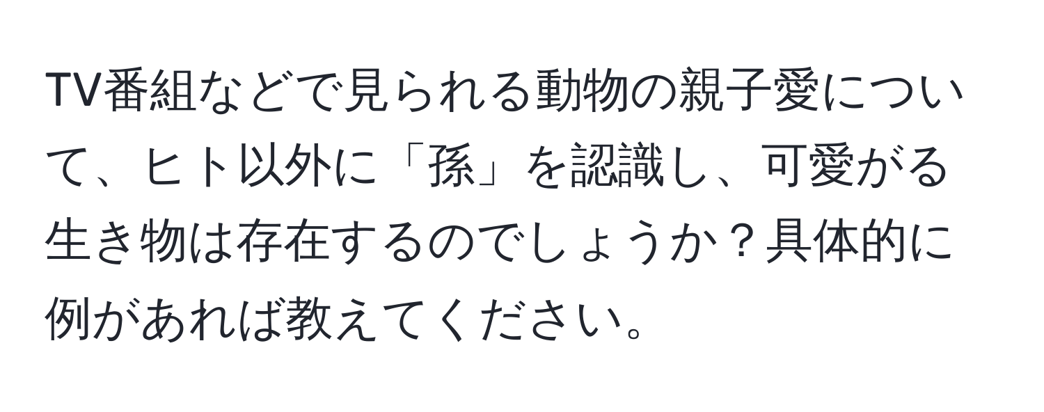 TV番組などで見られる動物の親子愛について、ヒト以外に「孫」を認識し、可愛がる生き物は存在するのでしょうか？具体的に例があれば教えてください。
