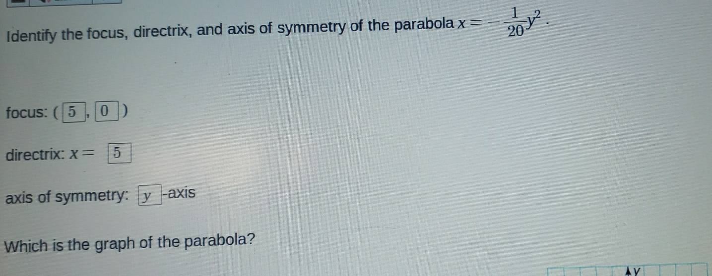 Identify the focus, directrix, and axis of symmetry of the parabola x=- 1/20 y^2. 
focus: ( 5 , 0 )
directrix: x= 5
axis of symmetry: y -axis 
Which is the graph of the parabola?