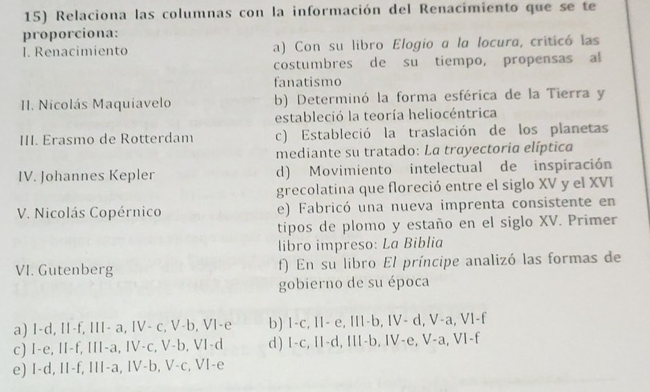 Relaciona las columnas con la información del Renacimiento que se te
proporciona:
I. Renacimiento a) Con su libro Elogio a la locura, criticó las
costumbres de su tiempo, propensas al
fanatismo
II. Nicolás Maquiavelo b) Determinó la forma esférica de la Tierra y
estableció la teoría heliocéntrica
III. Erasmo de Rotterdam c) Estableció la traslación de los planetas
mediante su tratado: La trayectoria elíptica
IV. Johannes Kepler d) Movimiento intelectual de inspiración
grecolatina que floreció entre el siglo XV y el XVI
V. Nicolás Copérnico e) Fabricó una nueva imprenta consistente en
tipos de plomo y estaño en el siglo XV. Primer
libro impreso: La Biblia
VI. Gutenberg f) En su libro El príncipe analizó las formas de
gobierno de su época
a) I-d, II-f, III- a, IV- c, V-b, VI-e b) 1-c, II- e, III-b, IV- d, V-a, VI-f
c) I-e, II-f, III-a, IV-c, V-b, VI-d d) I-c, II-d, III-b, IV-e, V-a, VI-f
e) I-d, I-f, III-a, IV-b, V-c, VI-e