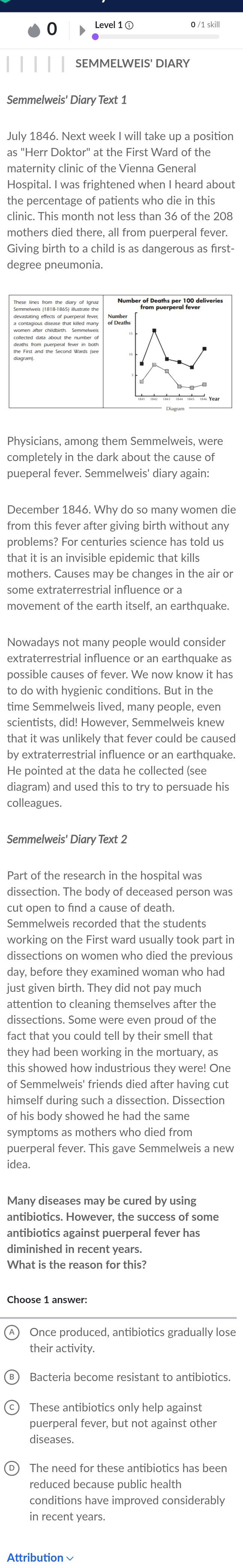 Semmelweis' Diary Text 1 
July 1846. Next week I will take up a position 
as "Herr Doktor" at the First Ward of the 
maternity clinic of the Vienna General 
Hospital. I was frightened when I heard about 
the percentage of patients who die in this 
degree pneumonia. 
L 
completely in the dark about the cause of 
pueperal fever. Semmelweis' diary again: 
that it is an invisible epidemic that kills 
mothers. Causes may be changes in the air or 
some extraterrestrial influence or a 
movement of the earth itself, an earthquake. 
Nowadays not many people would consider 
extraterrestrial influence or an earthquake as 
possible causes of fever. We now know it has 
to do with hygienic conditions. But in the 
time Semmelweis lived, many people, even 
scientists, did! However, Semmelweis knew 
by extraterrestrial influence or an earthquake. 
diagram) and used this to try to persuade his 
colleagues. 
Semmelweis' Diary Text 2 
Part of the research in the hospital was 
dissection. The body of deceased person was 
cut open to find a cause of death. 
Semmelweis recorded that the students 
working on the First ward usually took part in 
dissections on women who died the previous 
day, before they examined woman who had 
just given birth. They did not pay much 
attention to cleaning themselves after the 
dissections. Some were even proud of the 
fact that you could tell by their smell that 
they had been working in the mortuary, as 
this showed how industrious they were! One 
of Semmelweis' friends died after having cut 
himself during such a dissection. Dissection 
of his body showed he had the same 
symptoms as mothers who died from 
puerperal fever. This gave Semmelweis a new 
idea. 
antibiotics. However, the success of some 
antibiotics against puerperal fever has 
diminished in recent years. 
What is the reason for this? 
their activity. 
Bacteria become resistant to antibiotics. 
puerperal fever, but not against other 
diseases. 
The need for these antibiotics has been 
reduced because public health 
conditions have improved considerably 
in recent years. 
Attribution √