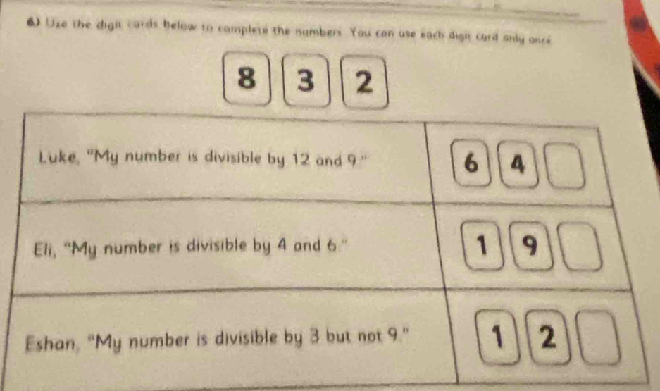 Use the dight cards below to complete the numbers. You can use each dight card only once
8 3 2