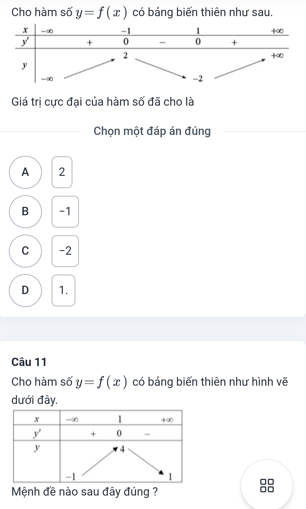 Cho hàm số y=f(x) có bảng biến thiên như sau.
Giá trị cực đại của hàm số đã cho là
Chọn một đáp án đúng
A 2
B -1
C -2
D 1.
Câu 11
Cho hàm số y=f(x) có bảng biến thiên như hình vẽ
dưới đây.
Mệnh đề nào sau đây đúng ?