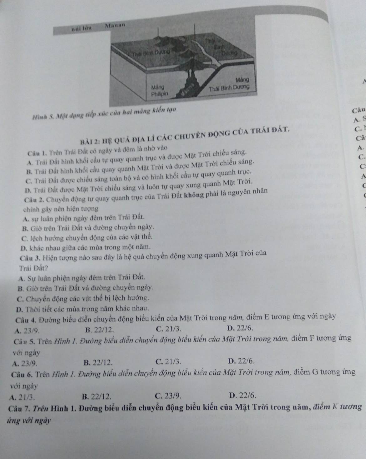 nái hòu
Hình S. Một dạng tiếp xúc 
Câu
A. S
Bài 2: hệ quả địa lí các chuyên động của trái đát.
C.  
Câ
Câu 1. Trên Trái Đất có ngày và đêm là nhờ vào
A.
A. Trải Đất hình khổi cầu tự quay quanh trục và được Mặt Trời chiếu sáng.
B. Trải Đất hình khổi cầu quay quanh Mặt Trời và được Mặt Trời chiếu sáng. C.
C
C. Trải Đất được chiều sáng toàn bộ và có hình khối cầu tự quay quanh trục.
A
D. Trái Đất được Mặt Trời chiếu sáng và luôn tự quay xung quanh Mặt Trời.
(
Câu 2. Chuyển động tự quay quanh trục của Trái Đất không phải là nguyên nhân
chính gây nên hiện tượng
A. sự luân phiện ngày đêm trên Trái Đất.
B. Giờ trên Trái Đất và đường chuyển ngày.
C. lệch hướng chuyển động của các vật thể.
D. khác nhau giữa các mùa trong một năm.
Câu 3. Hiện tượng nào sau đây là hệ quả chuyển động xung quanh Mặt Trời của
Trái Đất?
A. Sự luân phiện ngày đêm trên Trái Đất.
B. Giờ trên Trái Đất và đường chuyển ngày.
C. Chuyển động các vật thể bị lệch hướng.
D. Thời tiết các mùa trong năm khác nhau.
Cầu 4. Đường biểu diễn chuyển động biểu kiến của Mặt Trời trong năm, điểm E tương ứng với ngày
A. 23/9. B. 22/12. C. 21/3. D. 22/6.
Câu 5. Trên Hình 1. Đường biểu diễn chuyển động biểu kiến của Mặt Trời trong năm, điểm F tương ứng
với ngày
A. 23/9. B. 22/12. C. 21/3. D. 22/6.
Câu 6. Trên Hình 1. Đường biểu diễn chuyển động biểu kiến của Mặt Trời trong năm, điểm G tương ứng
với ngày
A. 21/3. B. 22/12. C. 23/9. D. 22/6.
Câu 7. Trên Hình 1. Đường biểu diễn chuyển động biểu kiến của Mặt Trời trong năm, điểm K tương
ứng với ngày