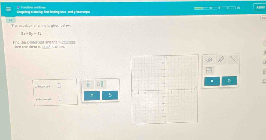 Funcions and Lines 
Graphing a line by first finding its x - and y-intercepts —(□( 15 Azriel 
E= 
The equation of a line is given below.
3x+8y=12
Find the x-intercept and the y-intercept. 
Then use them to graph the line. 
n 
× 5
x-intercept:
 □ /□   □  □ /□   
× 5
y-intercept: