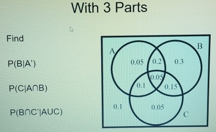 With 3 Parts 
Find
P(B|A')
P(C|A∩B)
P(B∩C'|AUC)