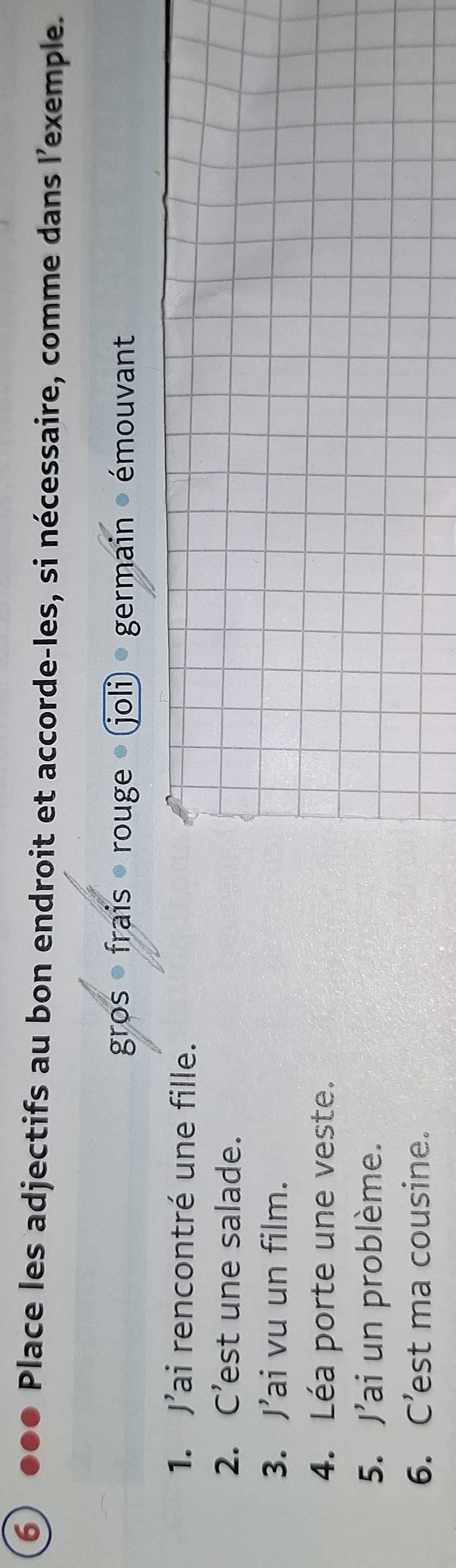●●● Place les adjectifs au bon endroit et accorde-les, si nécessaire, comme dans l'exemple. 
gros frais rouge (joli germain émouvant 
1. J'ai rencontré une fille. 
2. C’est une salade. 
3. J’ai vu un film. 
4. Léa porte une veste. 
5. J'ai un problème. 
6. C’est ma cousine.