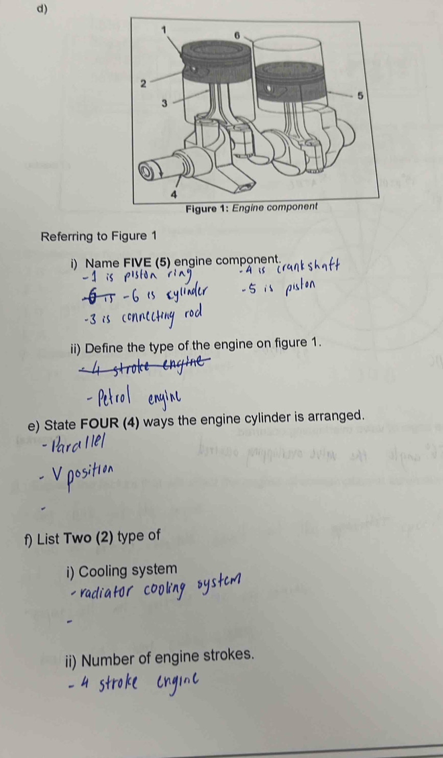 Referring to Figure 1 
i) Name FIVE (5) engine component. 
ii) Define the type of the engine on figure 1. 
e) State FOUR (4) ways the engine cylinder is arranged. 
f) List Two (2) type of 
i) Cooling system 
ii) Number of engine strokes.