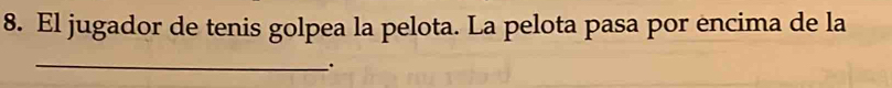 El jugador de tenis golpea la pelota. La pelota pasa por encima de la 
_ 
.