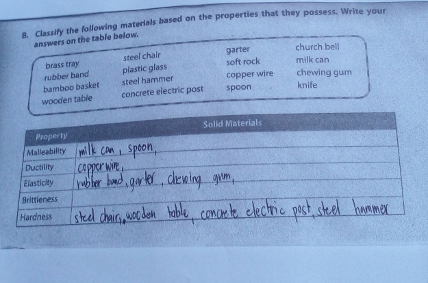 Classify the following materials based on the properties that they possess. Write your 
answers on the table below. 
garter church bell 
brass tray steel chair 
rubber band plastic glass soft rock milk can 
copper wire chewing gum 
bamboo basket steel hammer 
wooden table concrete electric post spoon knife