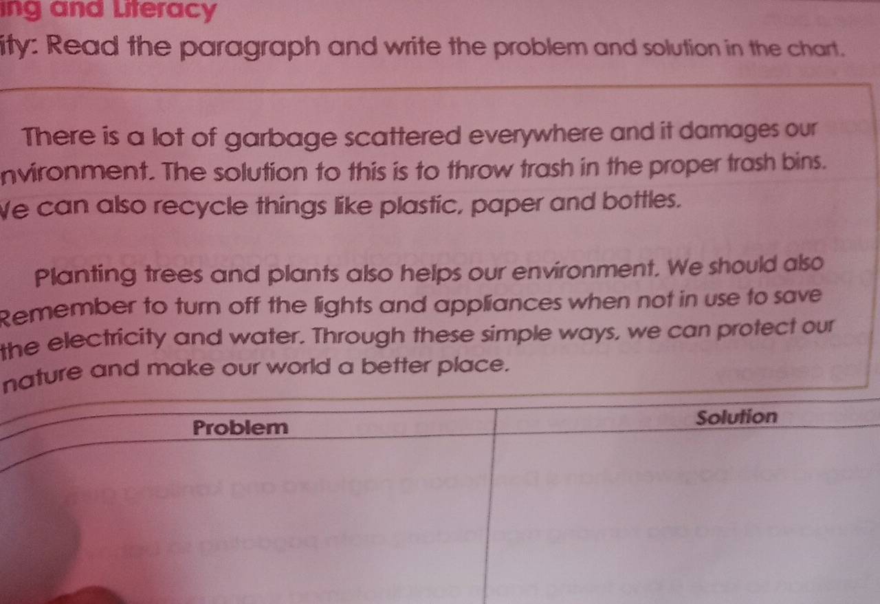 ing and Literacy 
ity: Read the paragraph and write the problem and solution in the chart. 
_ 
_ 
There is a lot of garbage scattered everywhere and it damages our 
nvironment. The solution to this is to throw trash in the proper trash bins. 
We can also recycle things like plastic, paper and bottles. 
Planting trees and plants also helps our environment. We should also 
Remember to turn off the lights and appliances when not in use to save 
the electricity and water. Through these simple ways, we can protect our 
nature and make our world a better place.