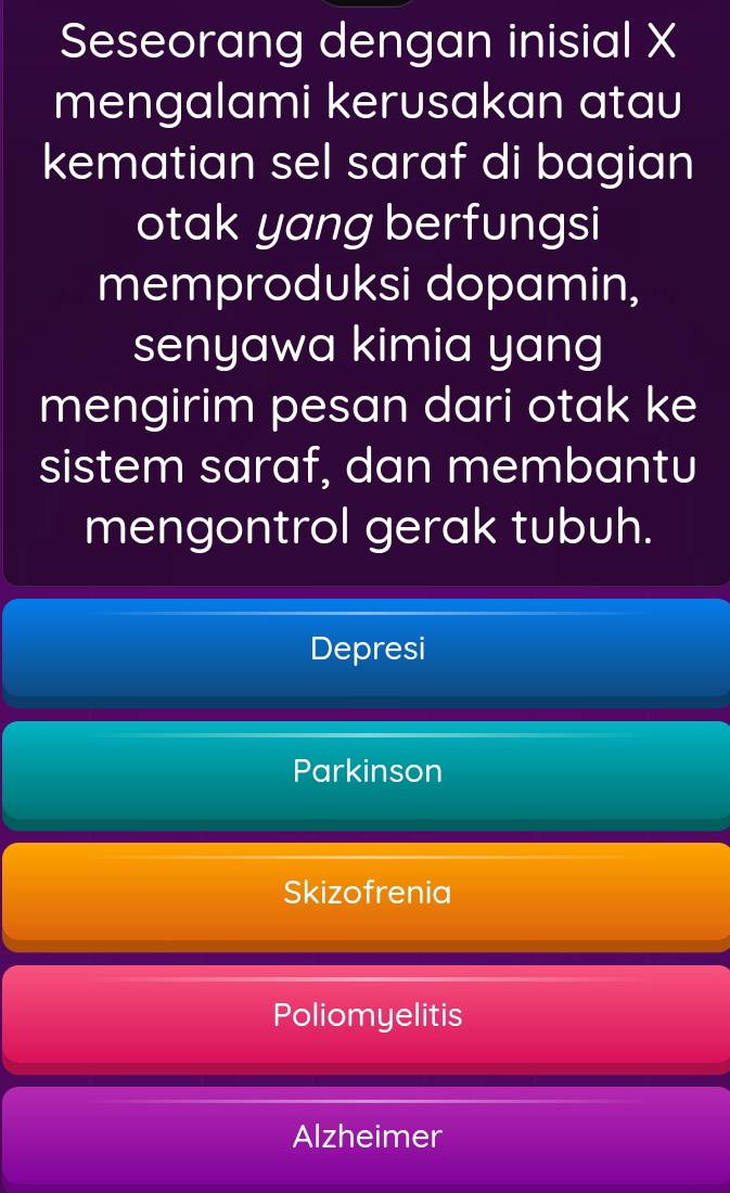 Seseorang dengan inisial X
mengalami kerusakan atau
kematian sel saraf di bagian
otak yang berfungsi
memproduksi dopamin,
senyawa kimia yang
mengirim pesan dari otak ke
sistem saraf, dan membantu
mengontrol gerak tubuh.
Depresi
Parkinson
Skizofrenia
Poliomyelitis
Alzheimer