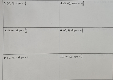 (-8,6); slope = 1/4 ; slope =- 2/3 
6. (9,-4)