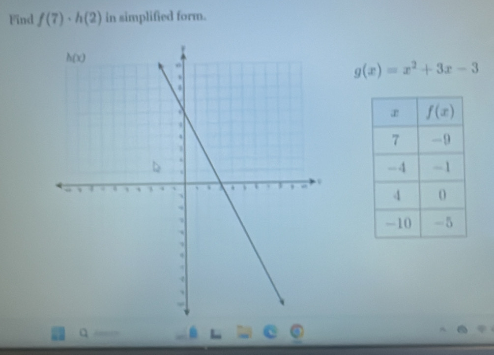 Find f(7)· h(2) in simplified form.
g(x)=x^2+3x-3
Q