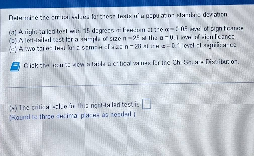 Determine the critical values for these tests of a population standard deviation. 
(a) A right-tailed test with 15 degrees of freedom at the alpha =0.05 level of significance 
(b) A left-tailed test for a sample of size n=25 at the alpha =0. 1 level of significance 
(c) A two-tailed test for a sample of size n=28 at the alpha =0 1 level of significance 
Click the icon to view a table a critical values for the Chi-Square Distribution. 
(a) The critical value for this right-tailed test is □. 
(Round to three decimal places as needed.)