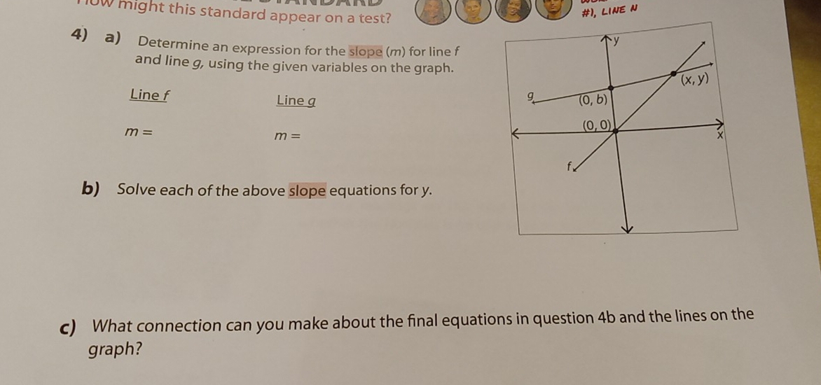 0w might this standard appear on a test?
#1, LINEN
4) a) Determine an expression for the slope (m) for line f
and line g, using the given variables on the graph.
Line f Line g
m=
m=
b) Solve each of the above slope equations for y.
c) What connection can you make about the final equations in question 4b and the lines on the
graph?