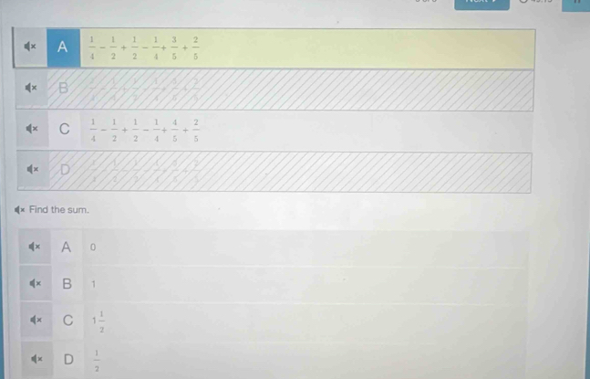 Find the sum.
A 0
f(x B 1
dx C 1 1/2 
9° D  1/2 