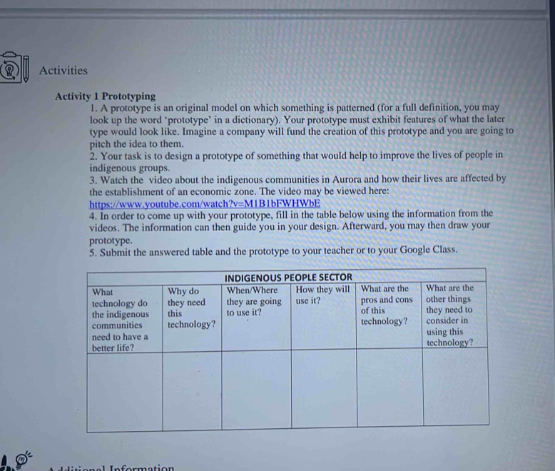 Activities 
Activity 1 Prototyping 
1. A prototype is an original model on which something is patterned (for a full definition, you may 
look up the word ‘prototype’ in a dictionary). Your prototype must exhibit features of what the later 
type would look like. Imagine a company will fund the creation of this prototype and you are going to 
pitch the idea to them. 
2. Your task is to design a prototype of something that would help to improve the lives of people in 
indigenous groups. 
3. Watch the video about the indigenous communities in Aurora and how their lives are affected by 
the establishment of an economic zone. The video may be viewed here: 
https://www.youtube.com/watch?v=M1B1bFWHWbE 
4. In order to come up with your prototype, fill in the table below using the information from the 
videos. The information can then guide you in your design. Afterward, you may then draw your 
prototype. 
5. Submit the answered table and the prototype to your teacher or to your Google Class. 
=mation