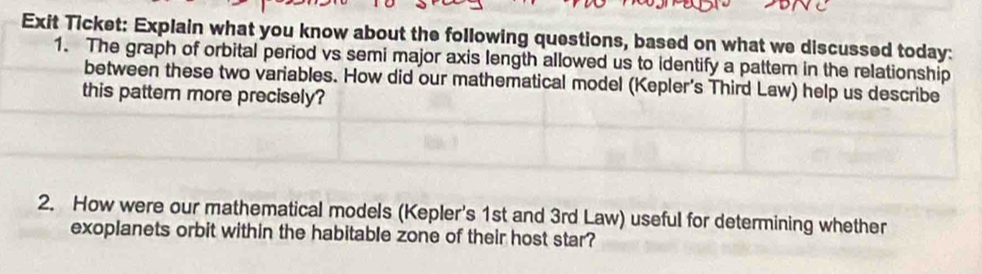 Exit Ticket: Explain what you know about the following questions, based on what we discussed today: 
1. The graph of orbital period vs semi major axis length allowed us to identify a pattern in the relationship 
between these two variables. How did our mathematical model (Kepler's Third Law) help us describe 
this pattern more precisely? 
2. How were our mathematical models (Kepler's 1st and 3rd Law) useful for determining whether 
exoplanets orbit within the habitable zone of their host star?