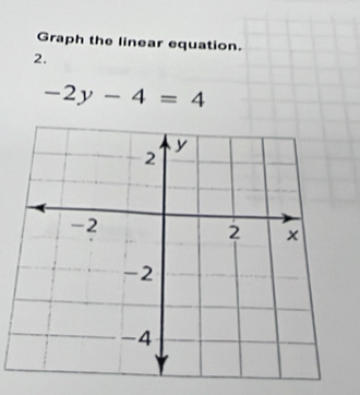 Graph the linear equation. 
2.
-2y-4=4