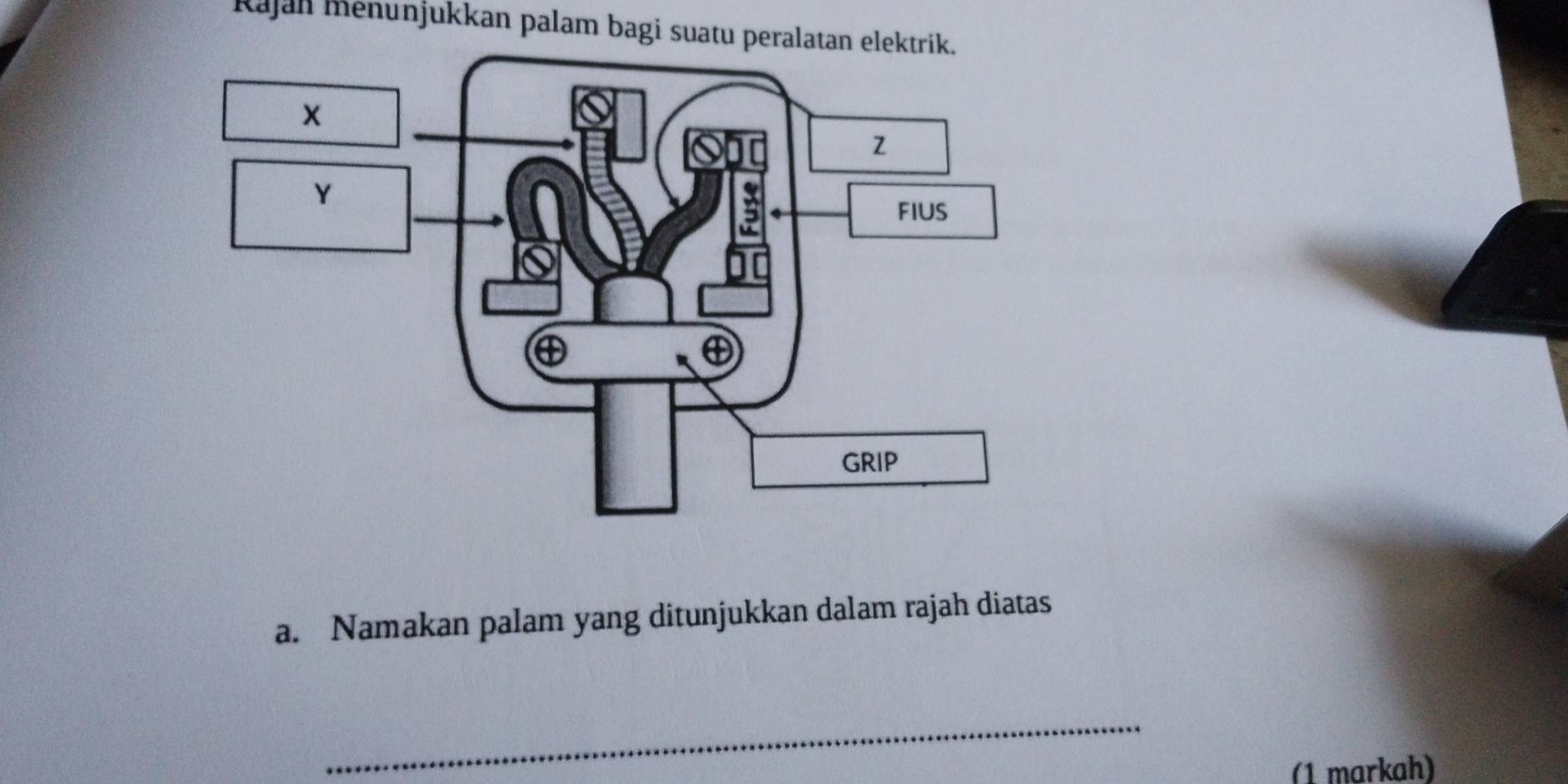 Kajall menunjukkan palam bagi suatu peralatan elektrik. 
a. Namakan palam yang ditunjukkan dalam rajah diatas 
_ 
(1 markah)