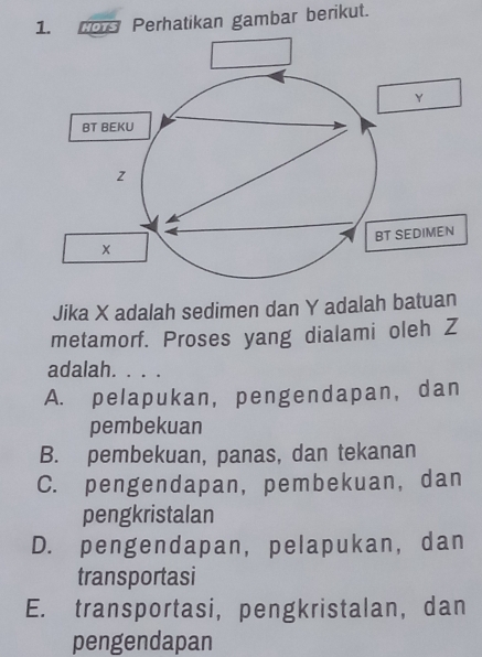 Cos Perhatikan gambar berikut.
Y
BT BEKU
z
BT SEDIMEN
x
Jika X adalah sedimen dan Y adalah batuan
metamorf. Proses yang dialami oleh Z
adalah. . . .
A. pelapukan, pengendapan, dan
pembekuan
B. pembekuan, panas, dan tekanan
C. pengendapan, pembekuan, dan
pengkristalan
D. pengendapan, pelapukan, dan
transportasi
E. transportasi, pengkristalan, dan
pengendapan