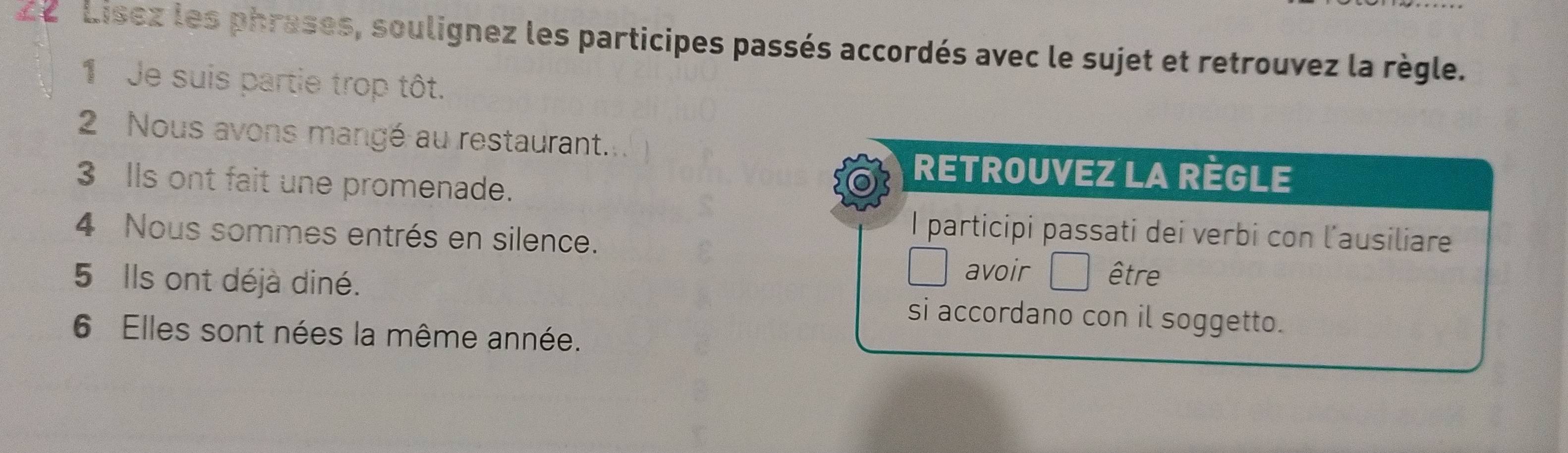 Lisez les phrases, soulignez les participes passés accordés avec le sujet et retrouvez la règle. 
1 Je suis partie trop tôt. 
2 Nous avons margé au restaurant. 
RETROUVEZ LA RÈGLE 
3 Ils ont fait une promenade. 
I participi passati dei verbi con l'ausiliare 
4 Nous sommes entrés en silence. être 
avoir 
5 Ils ont déjà diné. si accordano con il soggetto. 
6 Elles sont nées la même année.