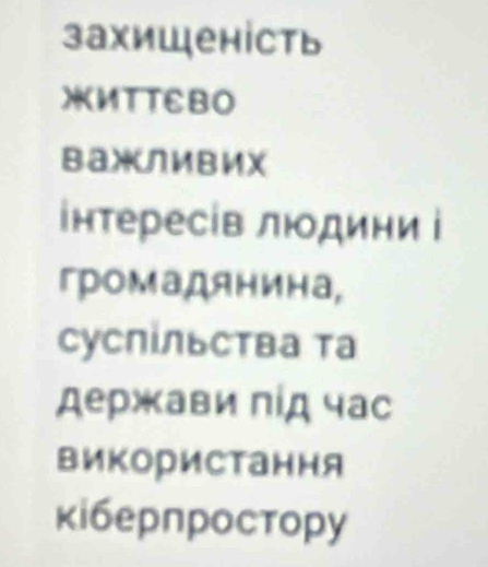 захищеність 
XMTTEBO 
важливих 
інтересів люодини і 
громадянина, 
суспίльства та 
держави πίд час 
використання 
кiберпростору