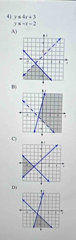 y≤ 4x+3
y≤ -x-2
A)
B)
C
D