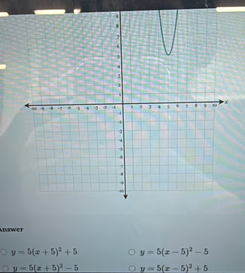 nswer
y=5(x+5)^2+5
y=5(x-5)^2-5
y=5(x+5)^2-5
y=5(x-5)^2+5