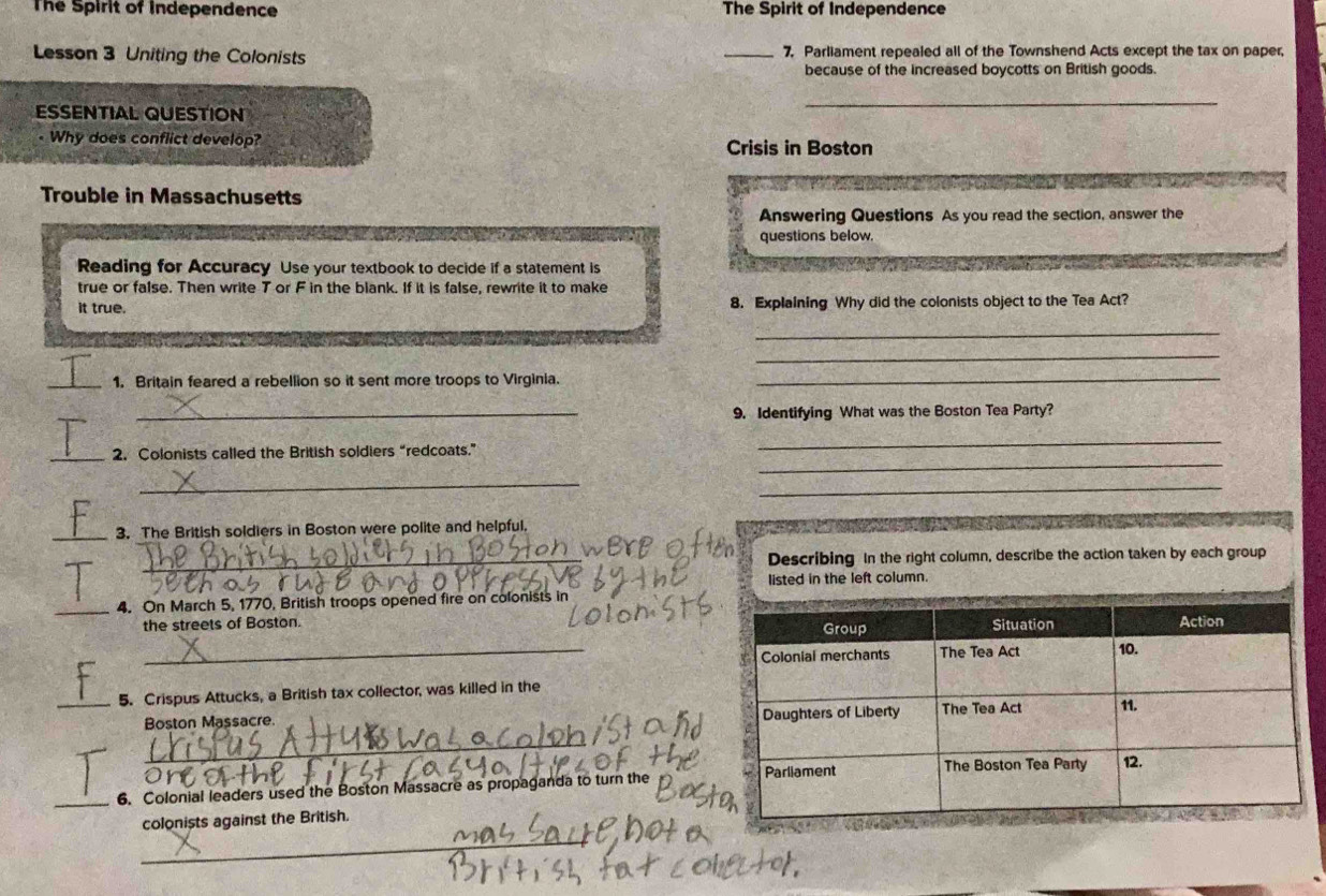 The Spirit of independence The Spirit of Independence 
Lesson 3 Uniting the Colonists _7, Parliament repealed all of the Townshend Acts except the tax on paper, 
because of the increased boycotts on British goods. 
ESSENTIAL QUESTION 
_ 
- Why does conflict develop? Crisis in Boston 
Trouble in Massachusetts 
Answering Questions As you read the section, answer the 
questions below. 
Reading for Accuracy Use your textbook to decide if a statement is 
true or false. Then write T or F in the blank. If it is false, rewrite it to make 
it true. 8. Explaining Why did the colonists object to the Tea Act? 
_ 
_ 
_1. Britain feared a rebellion so it sent more troops to Virginia._ 
_9. Identifying What was the Boston Tea Party? 
_ 
_2. Colonists called the British soldiers “redcoats.” 
_ 
_ 
_ 
_3. The British soldiers in Boston were polite and helpful, 
_Describing In the right column, describe the action taken by each group 
listed in the left column. 
_ 
4. On March 5, 1770, British troops opened fire on colonists in 
the streets of Boston. 
_5. Crispus Attucks, a British tax collector, was killed in the 
Boston Massacre. 
_ 
_ 
6. Colonial leaders used the Boston Massacre as propaganda to turn the 
colonists against the British. 
_