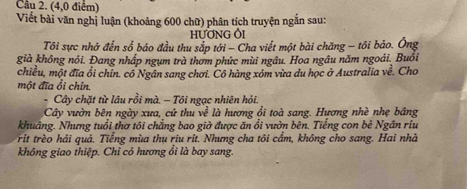 (4,0 điểm) 
Viết bài văn nghị luận (khoảng 600 chữ) phân tích truyện ngắn sau: 
HƯƠNG ÔI 
Tôi sực nhớ đến số báo đầu thu sắp tới - Cha viết một bài chăng - tôi bảo. Ông 
già không nói. Đang nhấp ngụm trà thơm phức mùi ngâu. Hoa ngâu năm ngoái. Buồi 
chiều, một đĩa ổi chín. cô Ngân sang chơi. Cô hàng xóm vừa du học ở Australia về. Cho 
một đĩa ổi chín. 
- Cây chặt từ lâu rồi mà. — Tôi ngạc nhiên hỏi. 
Cây vườn bên ngày xưa, cứ thu về là hương ổi toà sang. Hương nhè nhẹ bâng 
khuâng. Nhưng tuổi thơ tôi chẳng bao giờ được ăn ổi vườn bên. Tiếng con bẻ Ngân ríu 
rit trèo hái quả. Tiếng mùa thu riu rít. Nhưng cha tôi cầm, không cho sang. Hai nhà 
không giao thiệp. Chỉ có hương ổi là bay sang.