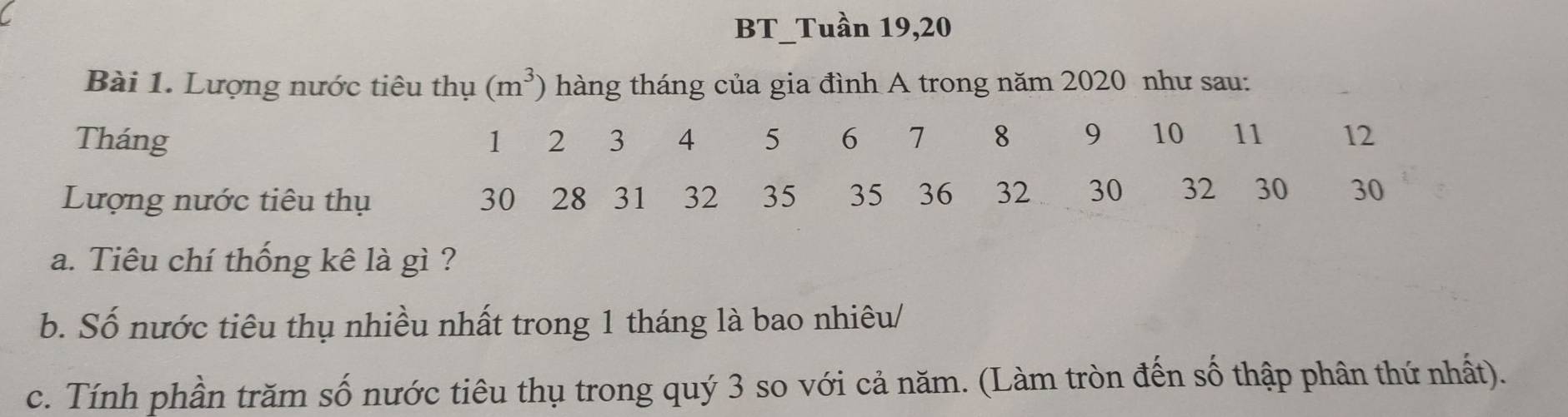 BT_Tuần 19, 20
Bài 1. Lượng nước tiêu thụ (m^3) hàng tháng của gia đình A trong năm 2020 như sau: 
Tháng 1 2 3 4 5 6 7 8 9 10 11 12
Lượng nước tiêu thụ 30 28. 31 32 35 35 36 32 30 32 30 30
a. Tiêu chí thống kê là gì ? 
b. Số nước tiêu thụ nhiều nhất trong 1 tháng là bao nhiêu/ 
c. Tính phần trăm số nước tiêu thụ trong quý 3 so với cả năm. (Làm tròn đến số thập phân thứ nhất).