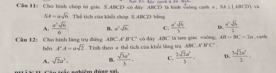 Cho hình chóp tứ giác S. ABCD có đáy ABCD là hình vuông cạnh a, SA⊥ (ABCD) và
SA=asqrt(6). Thể tích của khối chóp S. ABCD bằng
A.  a^3sqrt(6)/6 .  a^3sqrt(6)/3 . D.  a^3sqrt(6)/2 .
B. a^3sqrt(6). C.
Câu 12: Cho hình lăng trụ đứng ABC. A'B'C' có đáy ABC là tam giác vuông; AB=BC=2a , cạnh
bên A'A=asqrt(2). Tính theo a thể tích của khối lăng trụ ABC. A'B'C'.
A. sqrt(2)a^3. B.  sqrt(3)a^3/3 . C.  2sqrt(2)a^3/3 . D.  3sqrt(2)a^3/2 . 
nás nghiêm đúng sai.