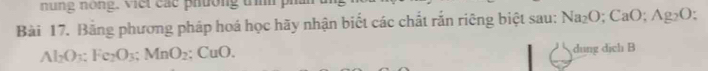 ng nong, viel các phường tm 
Bài 17. Bảng phương pháp hoá học hãy nhận biết các chất rắn riêng biệt sau: Na_2O; CaO; Ag_2O :
Al_2O_3 : Fe_2O_3 : MnO_2:CuO. 
dung dịch B
