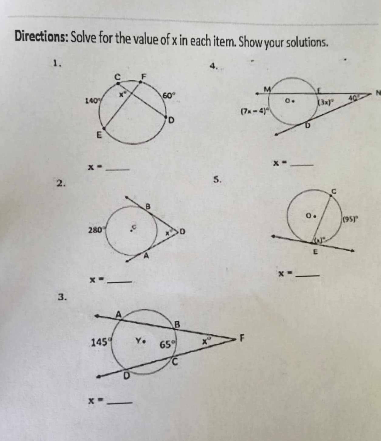 Directions: Solve for the value of x in each item. Show your solutions.
1.
4.
N
_ x=
_ x=
2.
5.

x= _
x= _
3.
_ x=