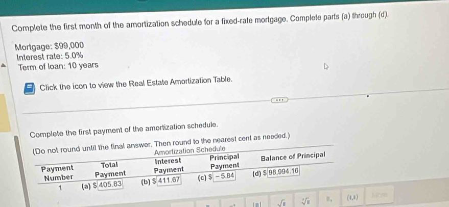 Complete the first month of the amortization schedule for a fixed-rate mortgage. Complete parts (a) through (d).
Mortgage: $99,000
Interest rate: 5.0%
Term of loan: 10 years
= Click the icon to view the Real Estate Amortization Table.
Complete the first payment of the amortization schedule.
(Do not round until the final answer. Then round to the nearest cent as needed.)
Amortization Schedule
Payment Total Interest Principal Balance of Principal
Number Payment Payment Payment
1 (a) $405.83 (b) $411.67 (c) $ - 5.84 (d) $ 98,994.16
sqrt(□ ) sqrt[3](□ ) (1,1) Mons