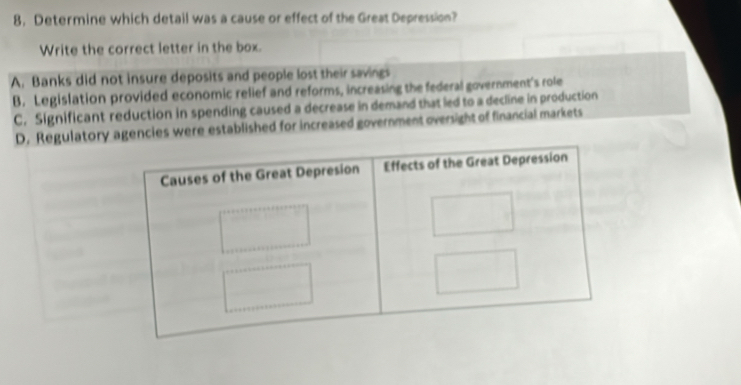 8, Determine which detail was a cause or effect of the Great Depression?
Write the correct letter in the box.
A. Banks did not insure deposits and people lost their savings
B. Legislation provided economic relief and reforms, increasing the federal government's role
C. Significant reduction in spending caused a decrease in demand that led to a decline in production
D. Regulatory agencies were established for increased government oversight of financial markets