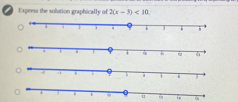 Express the solution graphically of 2(x-3)<10</tex>.