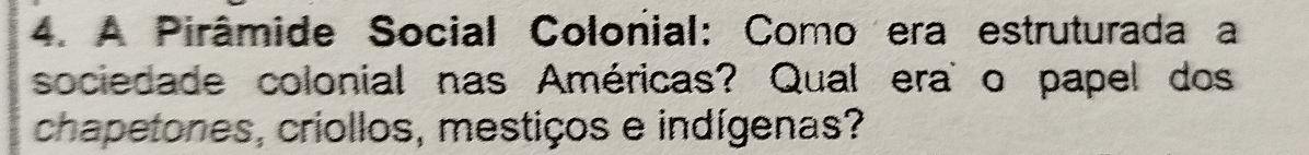 A Pirâmide Social Colonial: Como era estruturada a 
sociedade colonial nas Américas? Qual era` o papel dos 
chapetones, criollos, mestiços e indígenas?