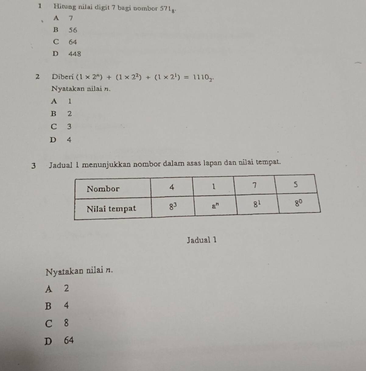 Hitung nilai digit 7 bagi nombor 571_8.
A 7
B 56
C 64
D 448
2 Diberi (1* 2^n)+(1* 2^2)+(1* 2^1)=1110_2.
Nyatakan nilai n.
A 1
B 2
C 3
D 4
3 Jadual 1 menunjukkan nombor dalam asas lapan dan nilai tempat.
Jadual 1
Nyatakan nilai n.
A 2
B 4
C 8
D 64