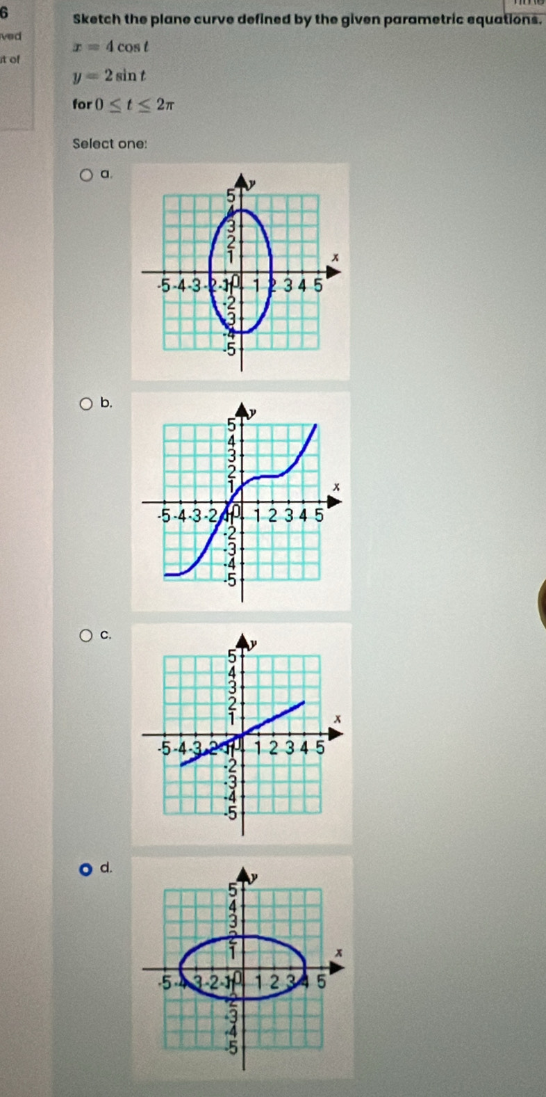 Sketch the plane curve defined by the given parametric equations. 
ved x=4cos t
t of
y=2sin t
for 0≤ t≤ 2π
Select one: 
a. 
b. 
C. 
O d.